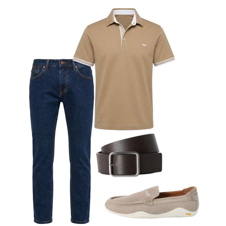 Outfit uomo - Agosto. Stile Casual per Tutti i giorni. Abbinamento con pantaloni, polo, scarpe stringate, cinture.
