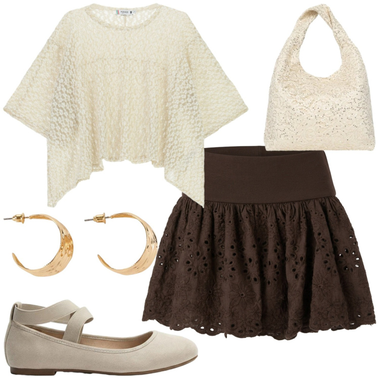 Outfit donna - Fine estate calda. Stile Casual per Tutti i giorni. Abbinamento con ballerine, orecchini, borse a spalla, minigonne, top.