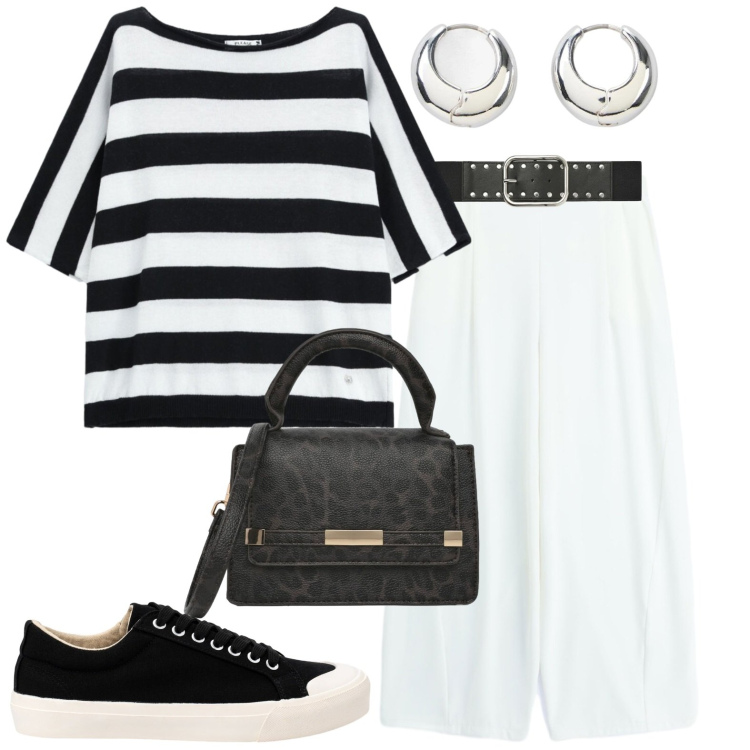 Outfit donna - Casual. Stile Casual per Tutti i giorni. Abbinamento con orecchini, sneakers, borse a tracolla, cinture, top, pantaloni a palazzo.