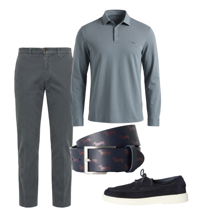 Outfit uomo - Agosto. Stile Casual per Tutti i giorni. Abbinamento con scarpe stringate, cinture, polo, pantaloni.
