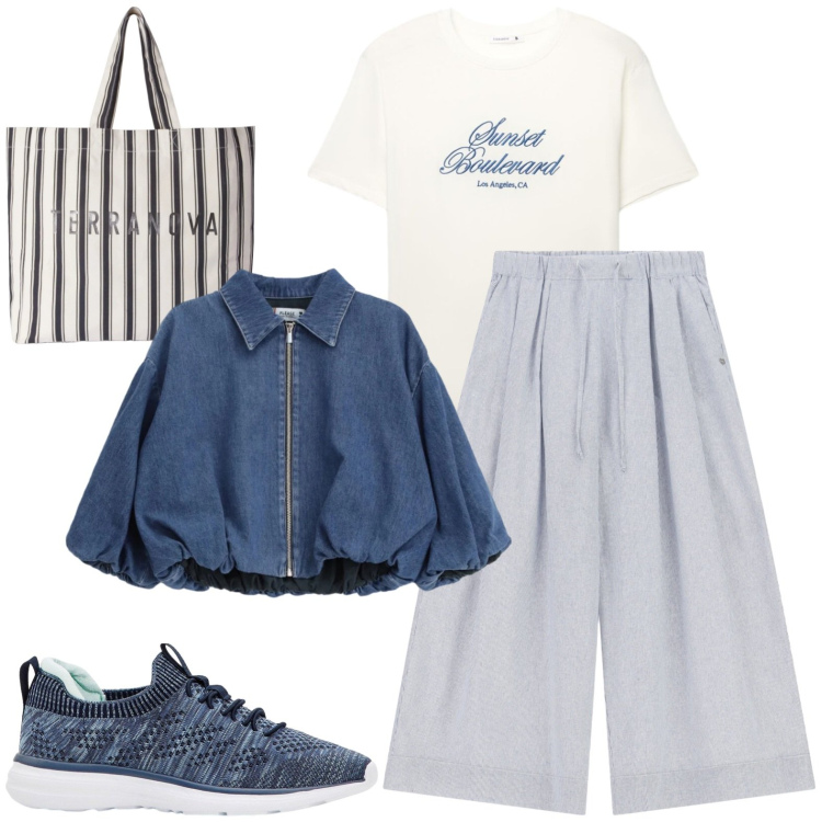 Outfit donna - Scuola. Stile Casual per Scuola/Università. Abbinamento con sneakers, t-shirt, shopping bag, blazer, pantaloni a palazzo.