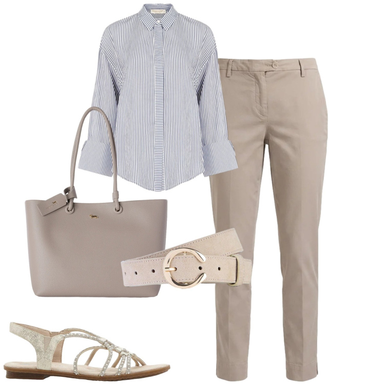 Outfit donna - City. Stile Casual chic per Tutti i giorni. Abbinamento con sandali, cinture, pantaloni, shopping bag, camicie.