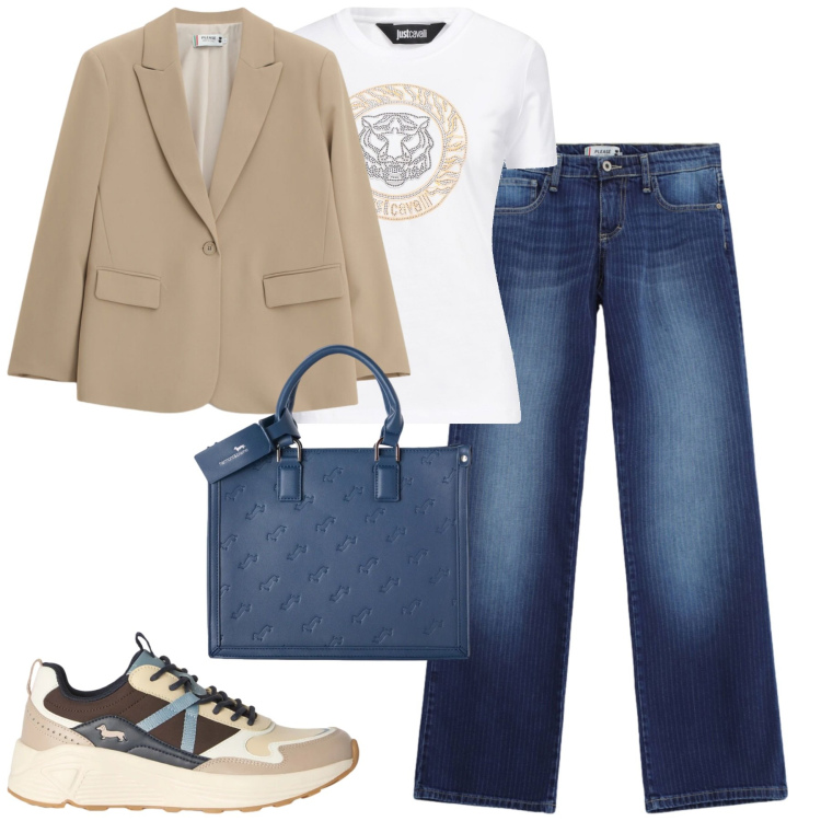 Outfit donna - City. Stile Casual chic per Tutti i giorni. Abbinamento con t-shirt, sneakers, borse a mano, blazer, jeans dritti.