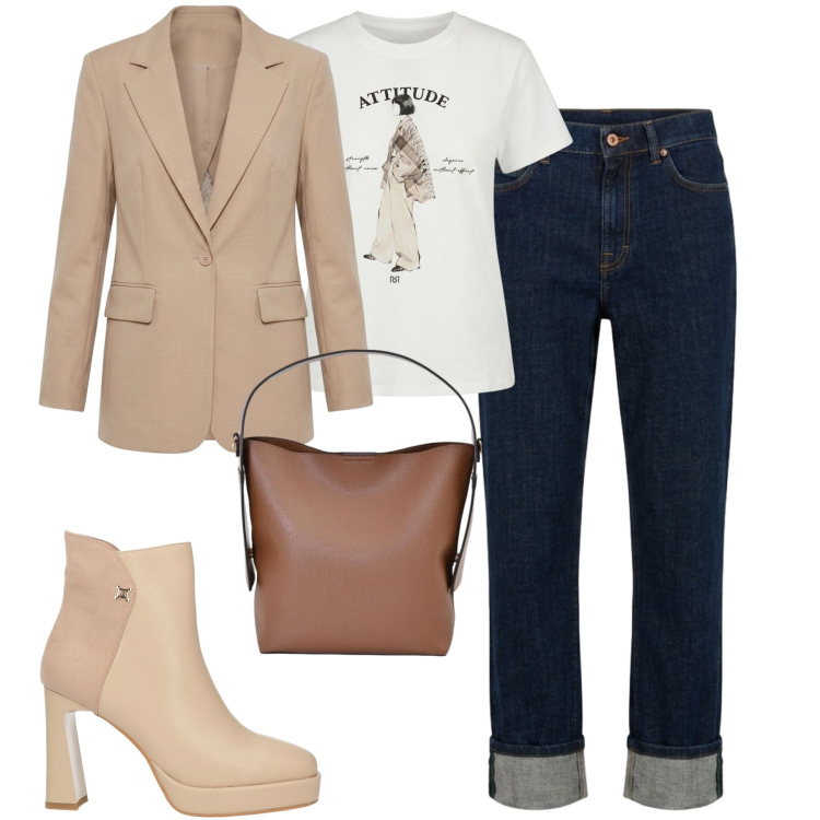 Outfit donna - Settembre. Stile Casual chic per Tutti i giorni. Abbinamento con stivaletti, jeans dritti, blazer, t-shirt, borse a mano.