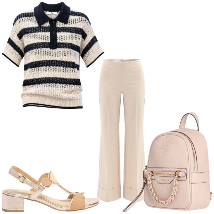 Outfit donna - Settembre. Stile Casual chic per Tutti i giorni. Abbinamento con zaini, sandali col tacco, polo, pantaloni a palazzo.