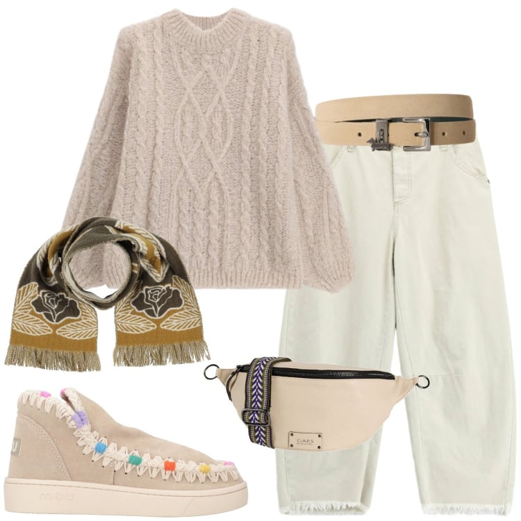 Outfit donna - Casual. Stile Casual per Scuola/Università. Abbinamento con marsupi, sciarpe, stivaletti, cinture, maglieria, jeans dritti.