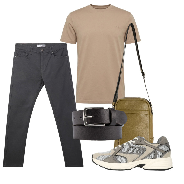 Outfit uomo - Agosto. Stile Casual per Tutti i giorni. Abbinamento con borse sportive, t-shirt, pantaloni skinny, sneakers, cinture.