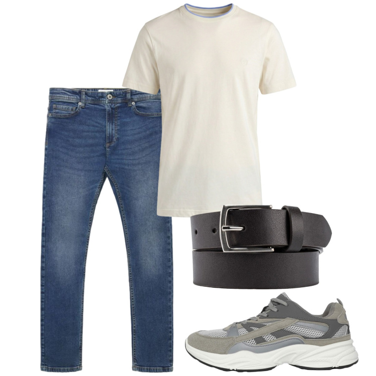Outfit uomo - Agosto. Stile Casual per Tutti i giorni. Abbinamento con t-shirt, sneakers, jeans skinny, cinture.
