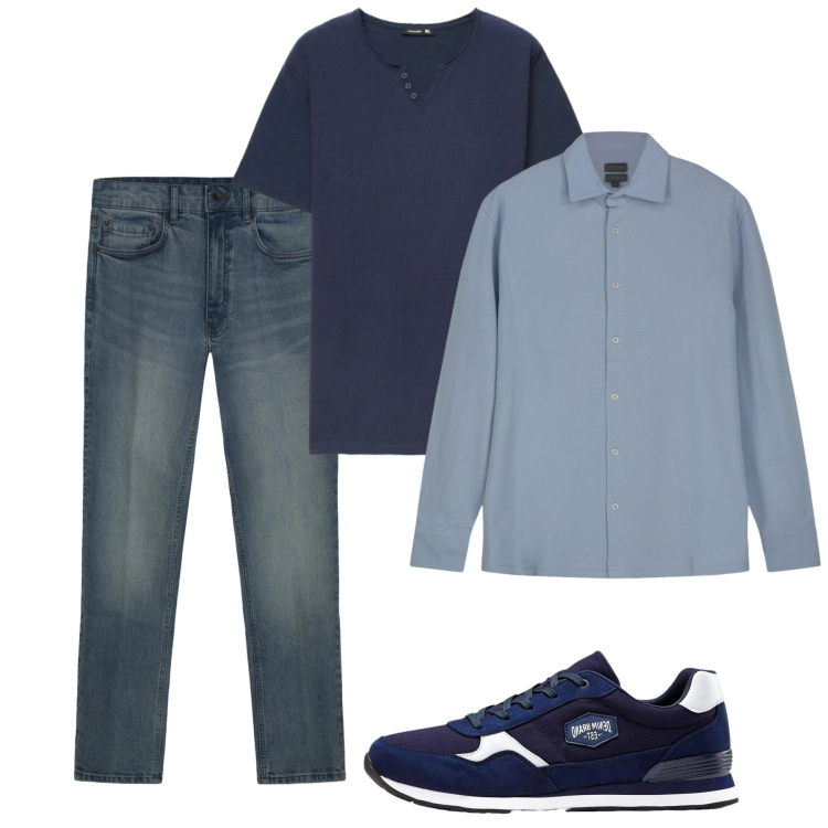 Outfit uomo - Agosto. Stile Casual per Tutti i giorni. Abbinamento con sneakers, t-shirt, polo, jeans.