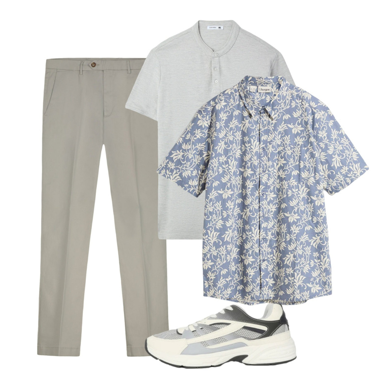 Outfit uomo - Agosto. Stile Casual per Tutti i giorni. Abbinamento con camicie a manica corta, t-shirt, sneakers, pantaloni chino.