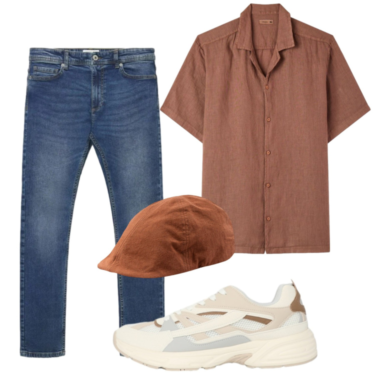 Outfit uomo - Agosto. Stile Casual per Tutti i giorni. Abbinamento con sneakers, jeans skinny, camicie a manica corta, cappelli con visiera.