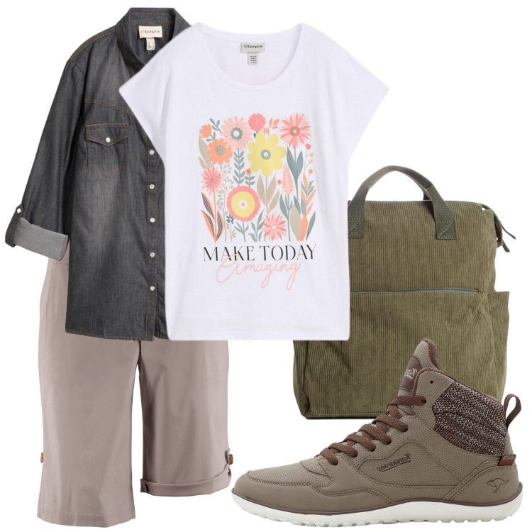 Outfit donna - Passeggiate nella natura. Stile Sporty chic per Tutti i giorni. Abbinamento con bermuda, sneakers alte, t-shirt, zaini, camicie.