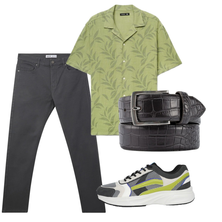 Outfit uomo - Agosto. Stile Casual per Tutti i giorni. Abbinamento con pantaloni skinny, sneakers, camicie a manica corta, cinture.