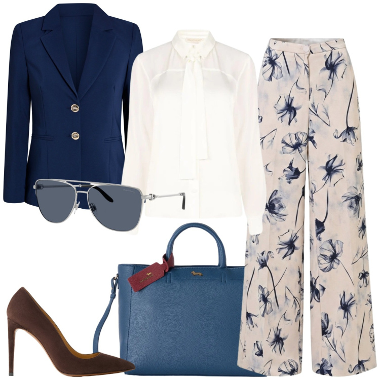 Outfit donna - Back to Office. Stile Casual per Ufficio. Abbinamento con borse a mano, pantaloni a palazzo, camicie, blazer, décolleté, occhiali da sole.