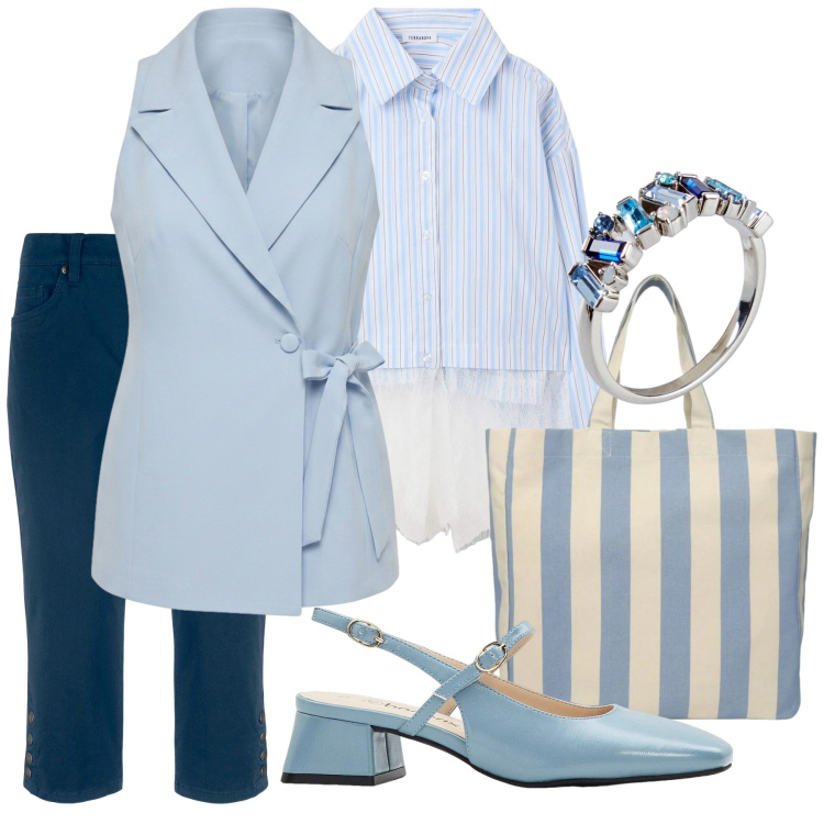 Outfit donna - Sogni azzurri. Stile Bon Ton per Serata fuori. Abbinamento con gilet, shopping bag, camicie, décolleté, pantaloni capri, anelli.