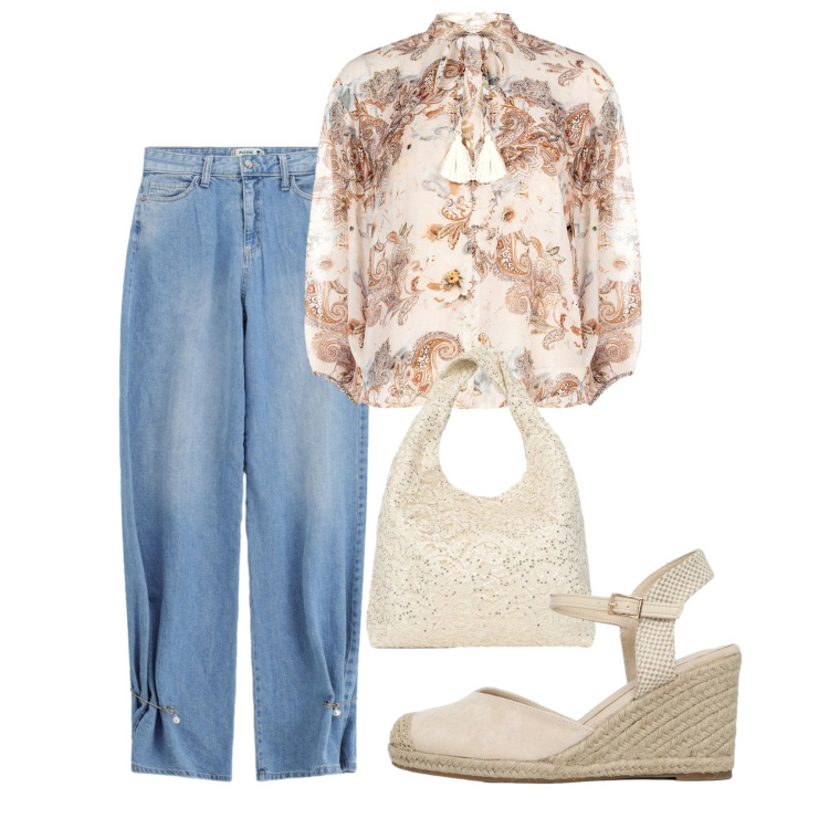 Outfit donna - Verso settembre. Stile Bon Ton per Tutti i giorni. Abbinamento con borse a spalla, zeppe, bluse, jeans.