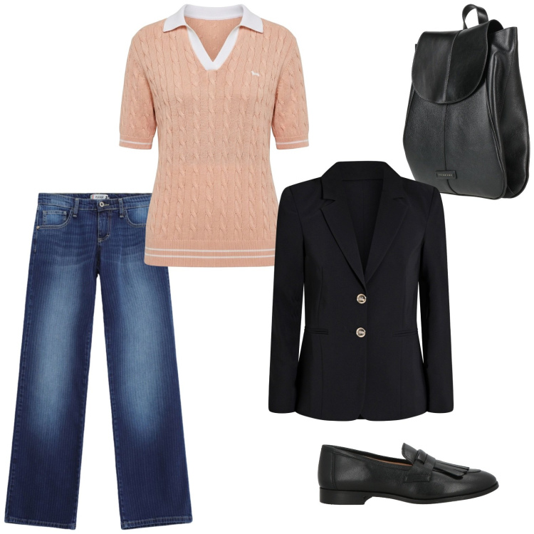 Outfit donna - Una giornata in relax. Stile Boho Abbinamento con zaini, mocassini, polo, blazer, jeans dritti.