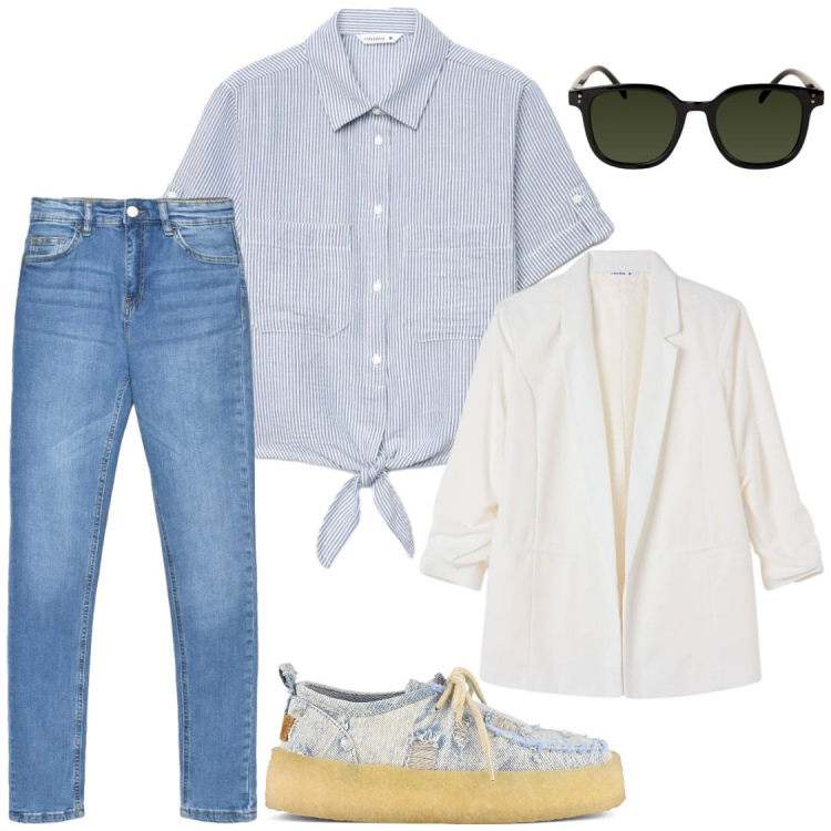 Outfit donna - Preppy style. Stile Preppy per Scuola/Università. Abbinamento con camicie a manica corta, blazer, jeans skinny, occhiali da sole, scarpe stringate.