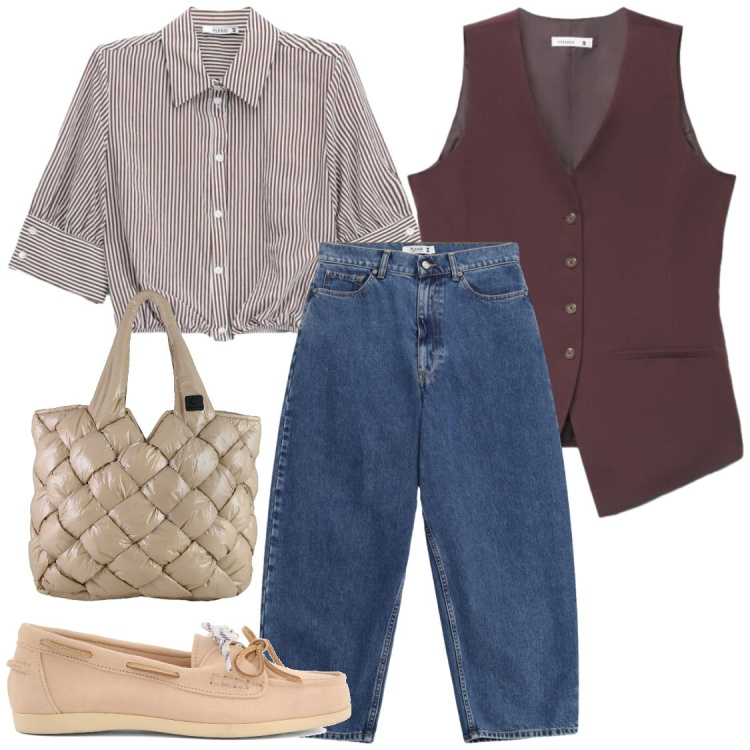 Outfit donna - Iniziano le lezioni. Stile Preppy per Scuola/Università. Abbinamento con gilet, camicie a manica corta, jeans, borse tote, mocassini.