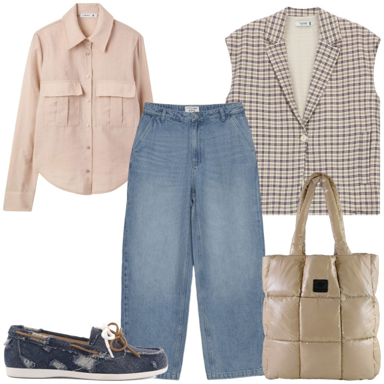 Outfit donna - Università e biblioteca. Stile Preppy per Scuola/Università. Abbinamento con camicie, jeans dritti, gilet, shopping bag, mocassini.