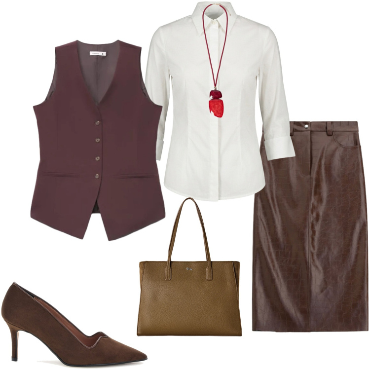 Outfit donna - Back to office. Stile Casual chic per Ufficio. Abbinamento con shopping bag, gonne longuette, gilet, camicie, ciondoli, décolleté.