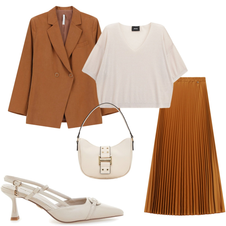 Outfit donna - Back to office. Stile Casual chic per Ufficio. Abbinamento con blazer, gonne lunghe, maglieria, décolleté, borse a tracolla.