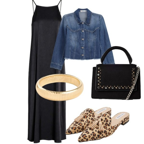 Outfit donna - Serate di settembre. Stile Casual chic per Serata fuori. Abbinamento con braccialetti, sabot, borse a tracolla, vestiti lunghi, blazer.