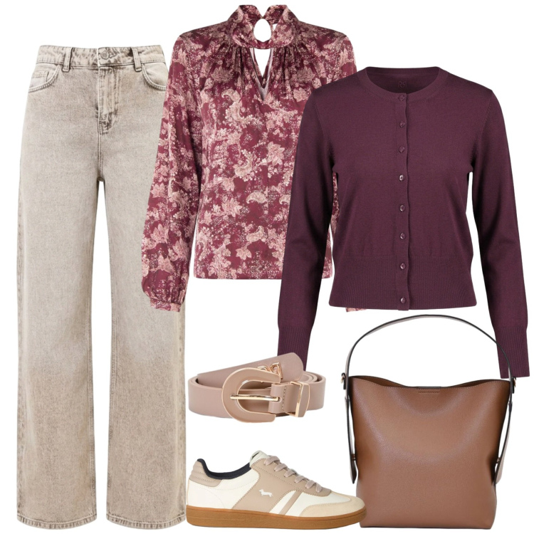 Outfit donna - Ultimo giorno di agosto. Stile Casual per Tutti i giorni. Abbinamento con sneakers, bluse, cardigans, jeans dritti, borse a mano, cinture.
