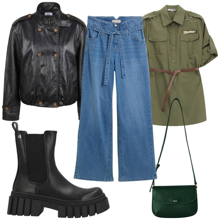 Outfit donna - Fuga in montagna stile military. Stile Military per Tutti i giorni. Abbinamento con stivaletti, jeans, borse a tracolla, giacche, camicie.