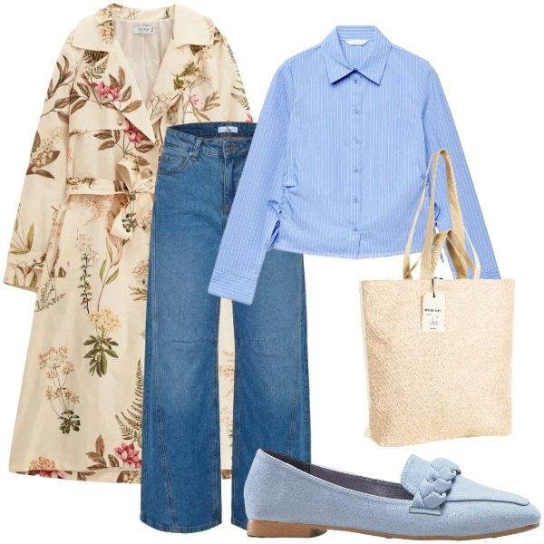 Outfit donna - Serate di settembre. Stile Casual chic per Serata fuori. Abbinamento con mocassini, camicie, jeans, borse tote, trench.