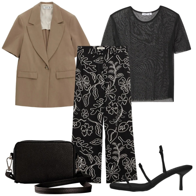 Outfit donna - Ultimi giorni d’estate: i sandali. Stile Trendy per Serata fuori. Abbinamento con pantaloni, borse a tracolla, sandali col tacco, t-shirt, blazer.