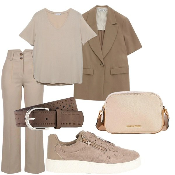 Outfit donna - Sfumature di colore. Stile Casual chic per Tutti i giorni. Abbinamento con borse a tracolla, sneakers, cinture, t-shirt, pantaloni, blazer.