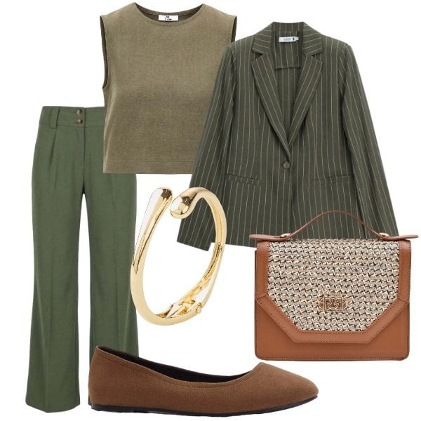 Outfit donna - Settembre. Stile Casual per Scuola/Università. Abbinamento con braccialetti, ballerine, pantaloni, top, pochette, blazer.