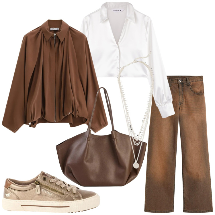 Outfit donna - Total look #2461629. Stile Casual chic per Tutti i giorni. Abbinamento con jeans, shopping bag, collane, sneakers, camicie, bomber.