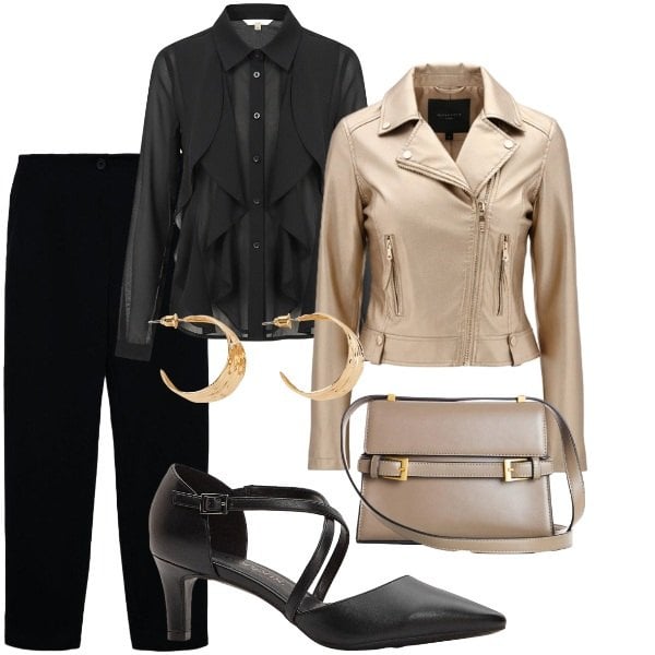 Outfit donna - A cena fuori. Stile Casual chic per Serata fuori. Abbinamento con décolleté, orecchini, borse a tracolla, pantaloni chino, giacche, camicie.