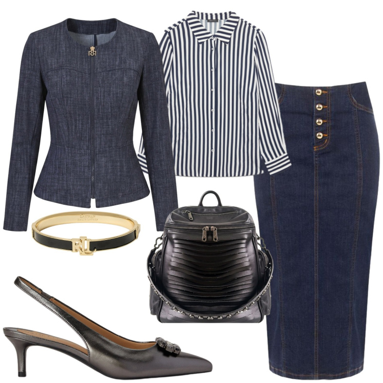 Outfit donna - Office. Stile Casual chic per Ufficio. Abbinamento con gonne longuette, blazer, camicie, zaini, décolleté, braccialetti.