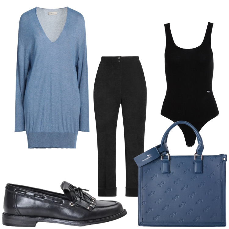 Outfit donna - Total look #2461634. Stile Minimal per Ufficio. Abbinamento con pantaloni, pullovers, body, borse a mano, mocassini.