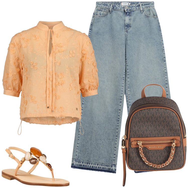 Outfit donna - Total look #2461636. Stile Casual chic per Tutti i giorni. Abbinamento con zaini, infradito, bluse, jeans dritti.