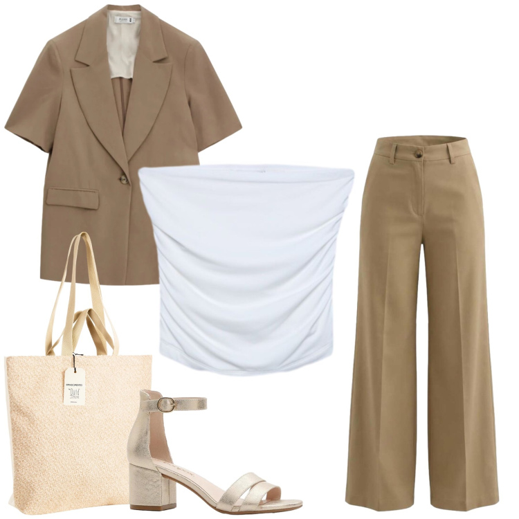 Outfit donna - Total look #2461639. Stile Glamour per Tutti i giorni. Abbinamento con sandali col tacco, top, pantaloni a palazzo, borse tote, blazer.