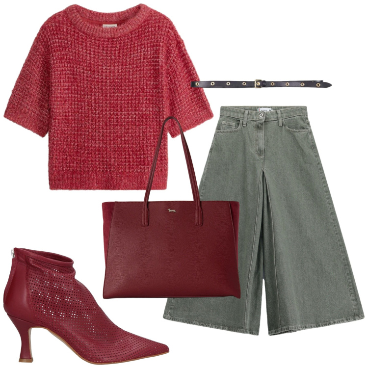 Outfit donna - Total look #2461640. Stile Trendy per Ufficio. Abbinamento con stivaletti, maglieria, shopping bag, cinture, pantaloni.