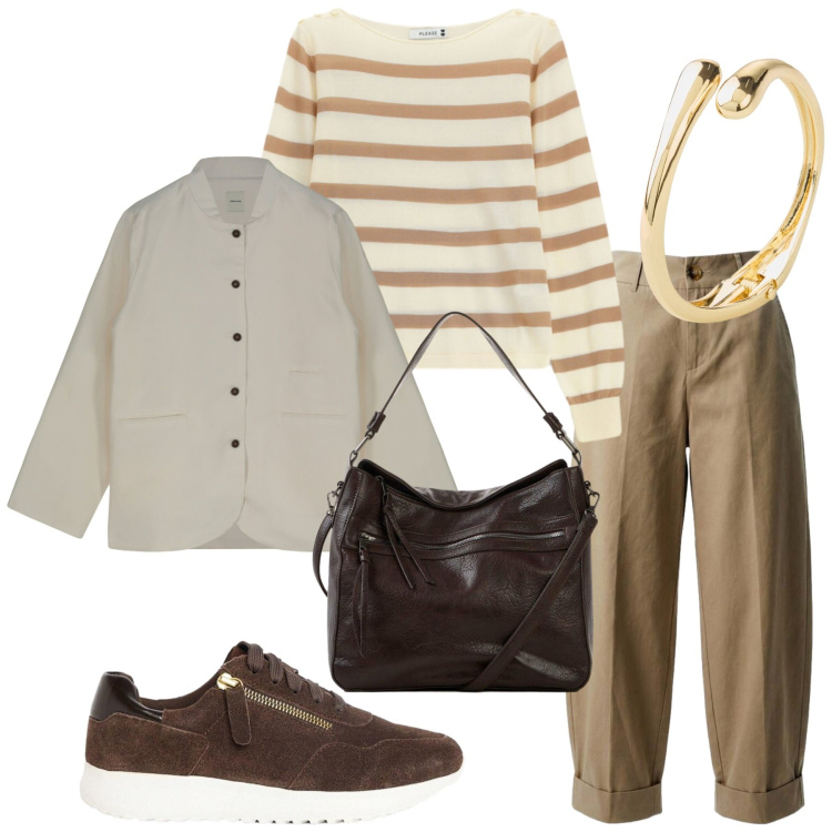 Outfit donna - Total look #2461649. Stile Minimal per Tutti i giorni. Abbinamento con braccialetti, shopping bag, sneakers, giacche, pantaloni, maglieria.