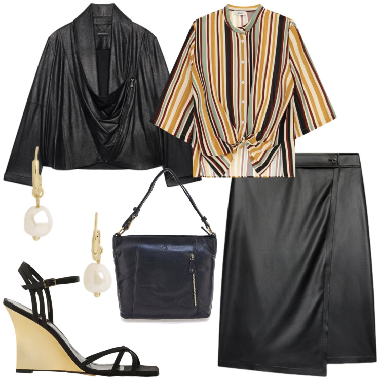 Outfit donna - Office. Stile Casual chic per Ufficio. Abbinamento con sandali col tacco, camicie, gonne longuette, blazer, orecchini, borse a spalla.
