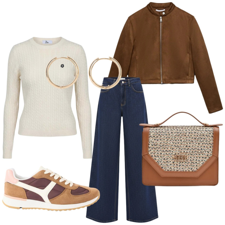 Outfit donna - Total look #2461651. Stile Casual chic per Tutti i giorni. Abbinamento con orecchini, sneakers, giacche, maglieria, pochette, jeans.