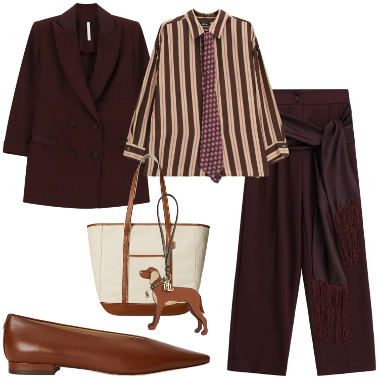 Outfit donna - Office. Stile Casual chic per Ufficio. Abbinamento con pantaloni a palazzo, blazer, camicie, ballerine, borse tote, ciondoli.