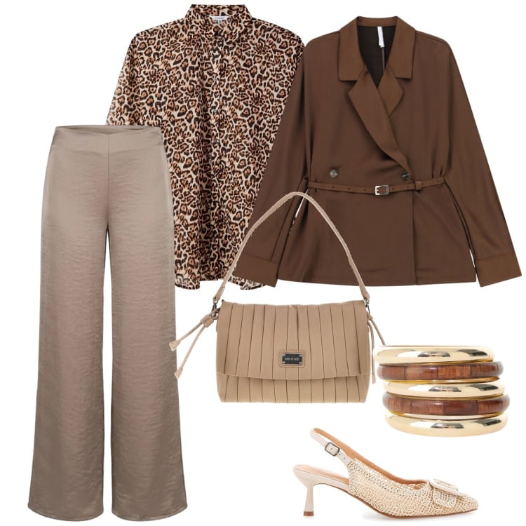 Outfit donna - A lavoro. per Ufficio. Abbinamento con blazer, braccialetti, camicie, pantaloni a palazzo, scarpe col tacco, pochette.