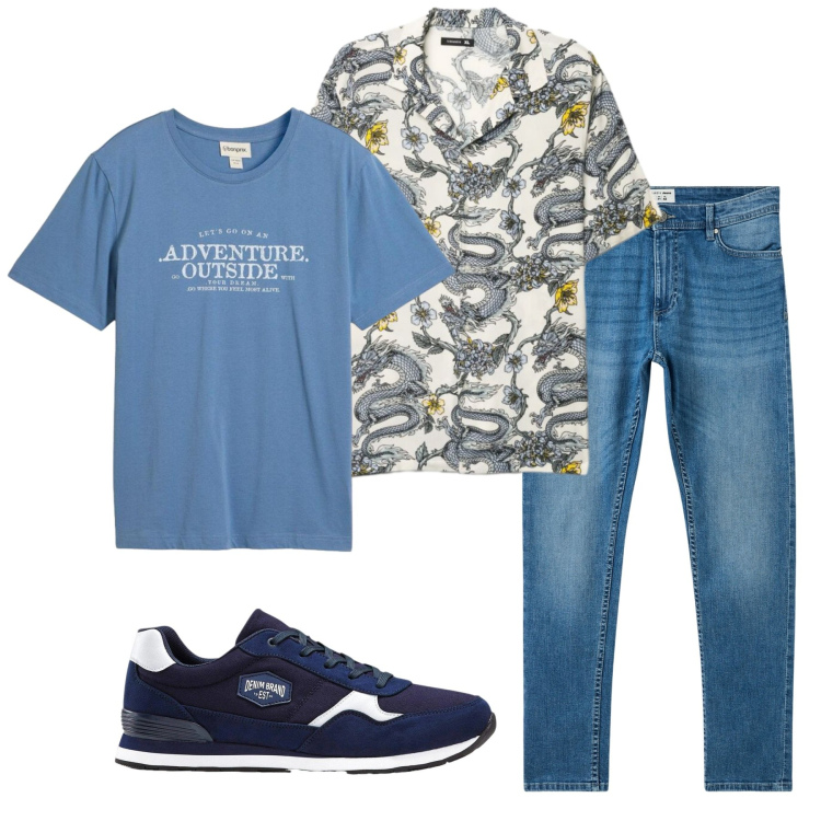 Outfit uomo - Total look #2461704. Stile Casual per Tutti i giorni. Abbinamento con sneakers, t-shirt, jeans skinny, camicie a manica corta.