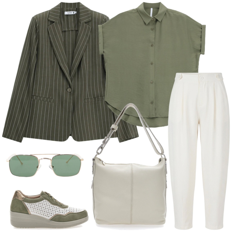 Outfit donna - Total look #2461745. Stile Mannish per Ufficio. Abbinamento con camicie a manica corta, occhiali da sole, pantaloni, blazer, scarpe stringate, borse a spalla.