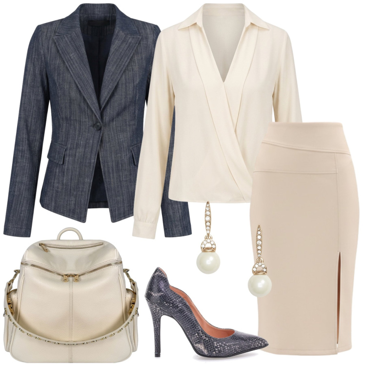 Outfit donna - Total look #2461747. Stile Chic per Ufficio. Abbinamento con bluse, gonne longuette, zaini, blazer, orecchini, décolleté.