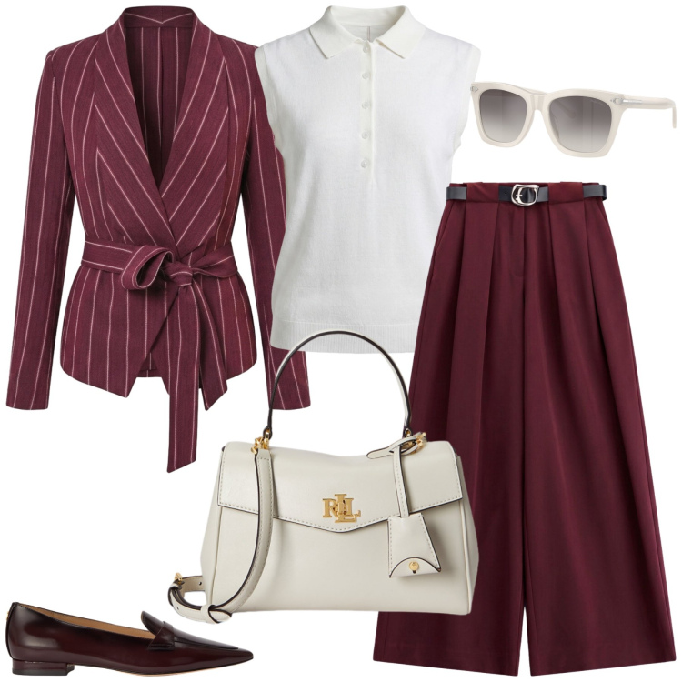 Outfit donna - Total look #2461752. Stile Chic per Ufficio. Abbinamento con polo, pantaloni a palazzo, blazer, borse a mano, mocassini, occhiali da sole.