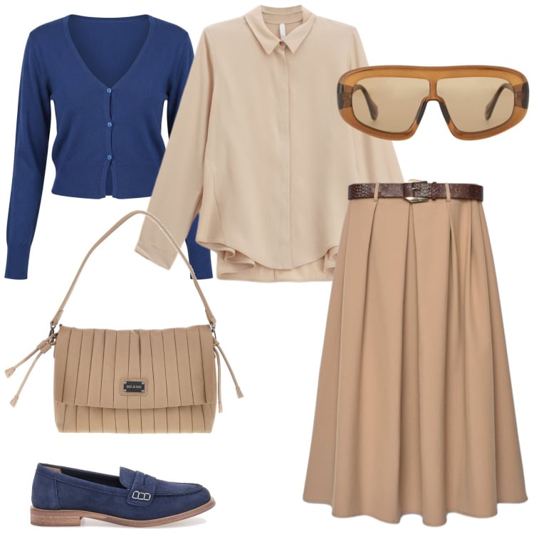 Outfit donna - Total look #2461753. Stile Casual chic per Ufficio. Abbinamento con camicie, occhiali da sole, gonne lunghe, cardigans, mocassini, pochette.